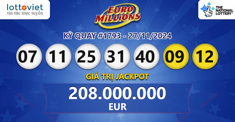 Cập nhật kết quả xổ số châu Âu EuroMillions hôm nay ngày 27/11/2024