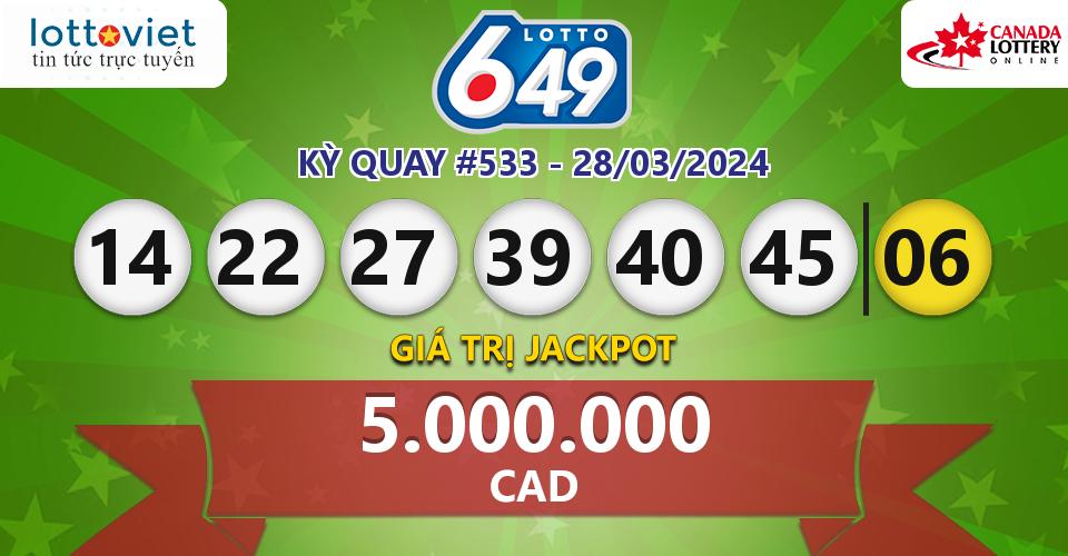 Cập nhật kết quả xổ số Canada Lotto 6/49 hôm nay ngày 28/03/2024