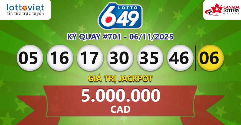 Cập nhật kết quả xổ số Canada Lotto 6/49 hôm nay ngày 06/11/2025
