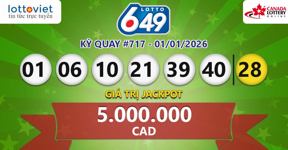 Cập nhật kết quả xổ số Canada Lotto 6/49 hôm nay ngày 01/01/2026