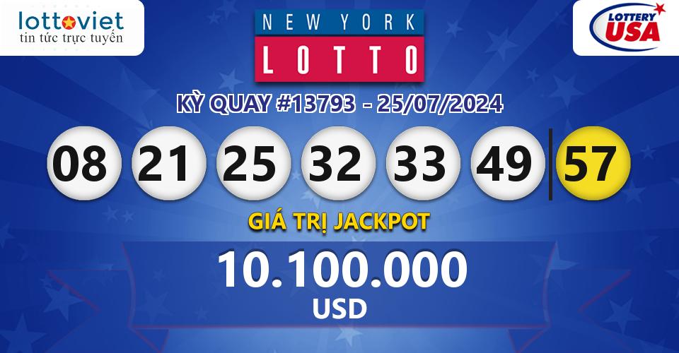 Cập nhật kết quả xổ số Mỹ New York Lotto hôm nay ngày 25/07/2024
