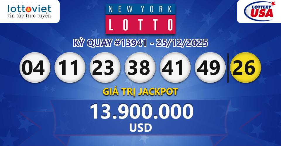 Cập nhật kết quả xổ số Mỹ New York Lotto hôm nay ngày 25/12/2025