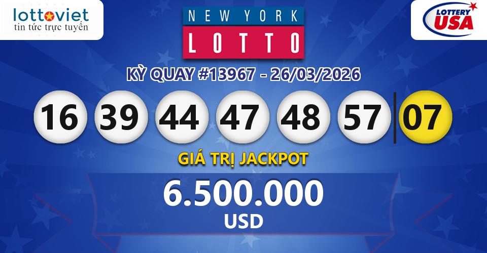 Cập nhật kết quả xổ số Mỹ New York Lotto hôm nay ngày 26/03/2026