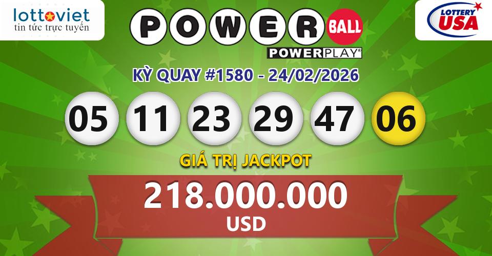 Cập nhật kết quả xổ số Mỹ U.S PowerBall hôm nay ngày 24/02/2026