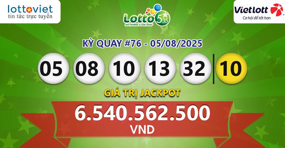 Cập nhật kết quả xổ số Vietlott Lotto 5/35 hôm nay ngày 05/08/2025