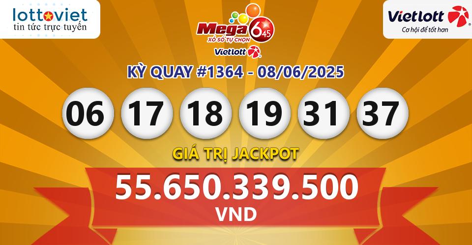 Cập nhật kết quả xổ số Vietlott Mega 6/45 hôm nay ngày 08/06/2025
