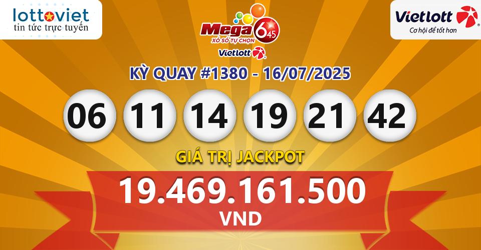 Cập nhật kết quả xổ số Vietlott Mega 6/45 hôm nay ngày 16/07/2025