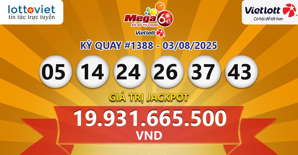 Cập nhật kết quả xổ số Vietlott Mega 6/45 hôm nay ngày 03/08/2025